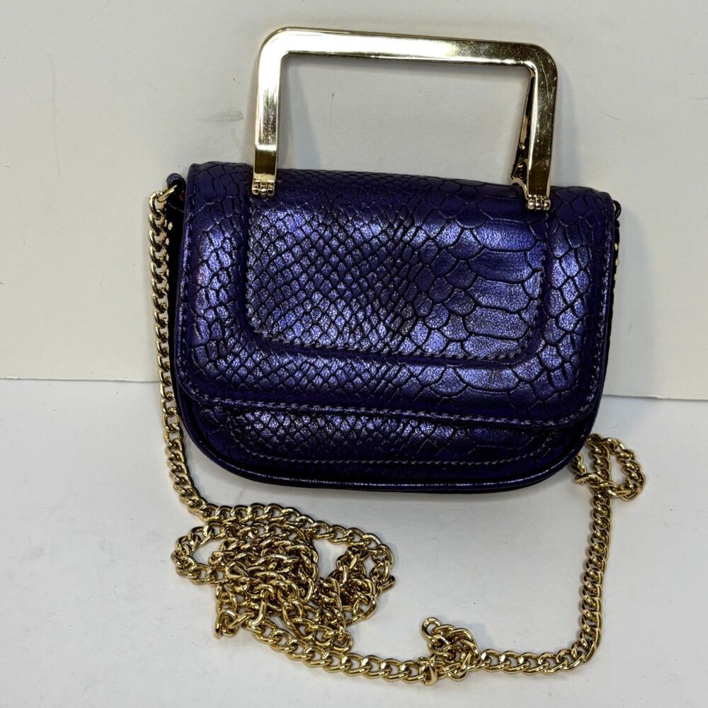 Cache Mini Crossbody Faux Snakeskin Metallic Purple Gold Studded Womens